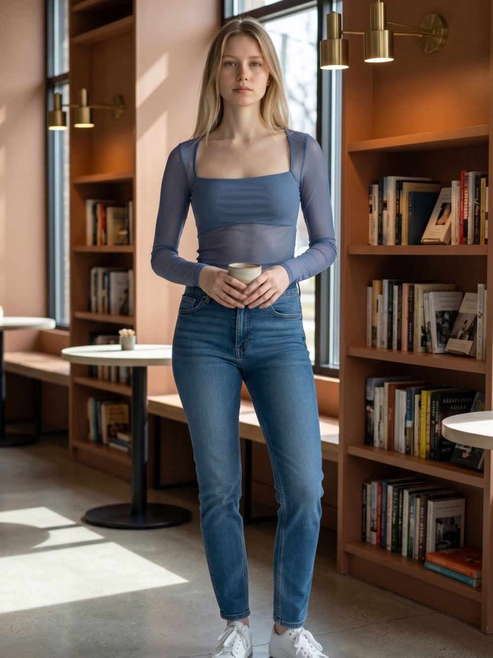 Edikted Sheer Square Neck Long Sleeve Top in Dusty Blue